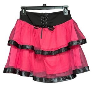 Hot Topic Pink Black Lace-Up Tiered Tutu Skirt Women’s Small